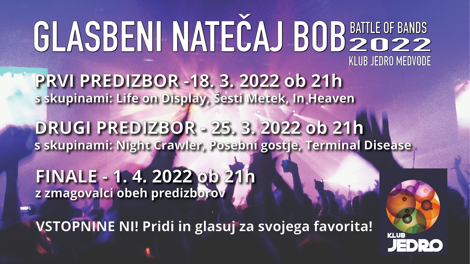 Znani termini in nastopajoči na glasbenem natečaju BOB 2022
