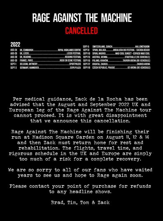 Rage Against The Machine odpovedali celotno evropsko in britansko turnejo